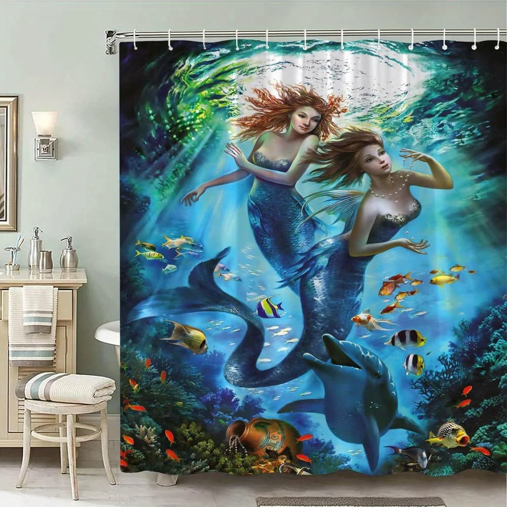 1 piece, quiet ocean scene, colorful fish and marine creatures, polyester, 12 hooks, extravagant decoration for the bathroom