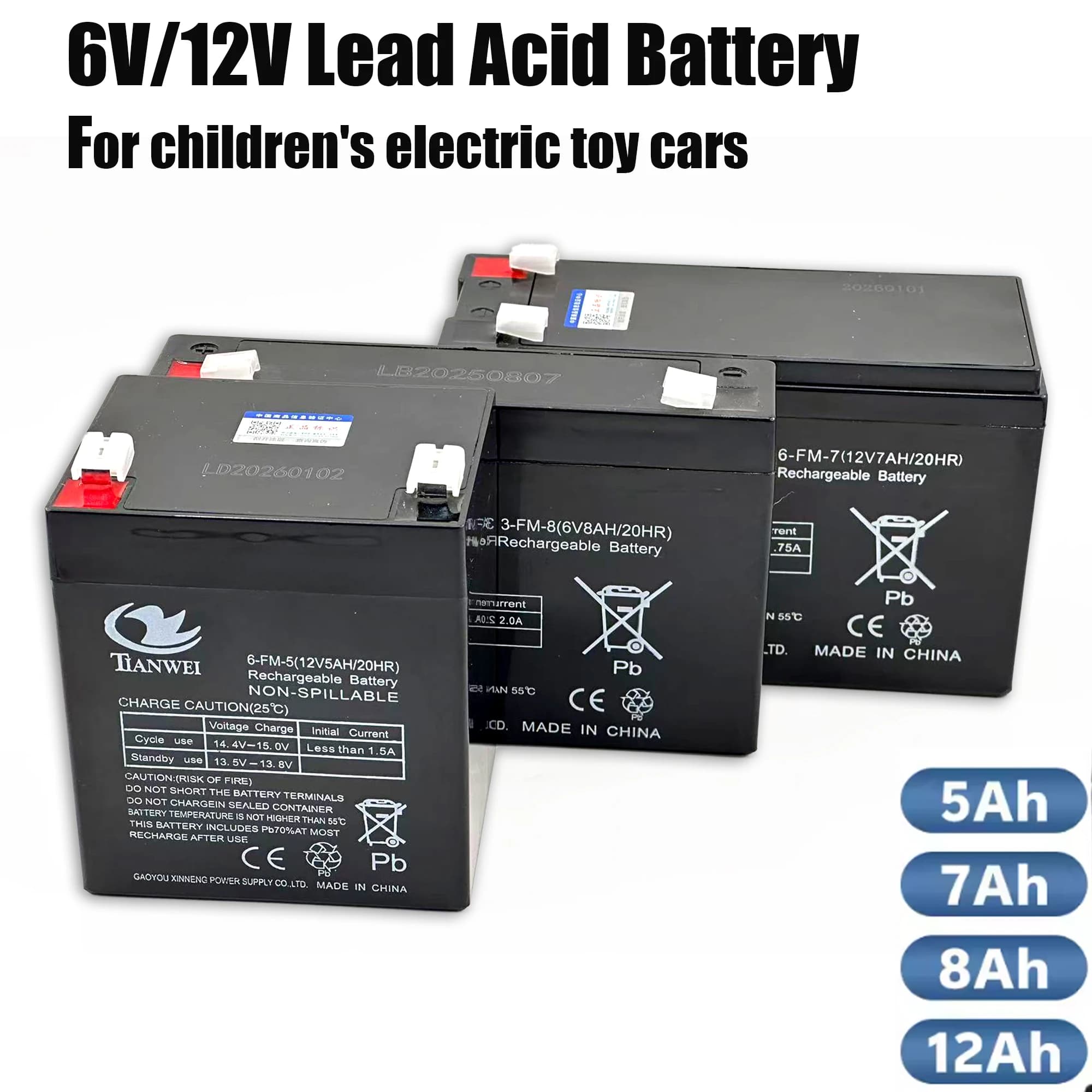 Batteria ricaricabile 6V 12V per veicoli elettrici per bambini, auto giocattolo, motociclette, passeggini, batteria 5Ah 7Ah 8Ah 12Ah