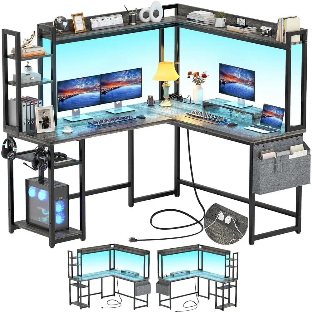 Scrivania a L con Presa di Corrente, Scrivania da Gaming con Illuminazione LED e Soppalco, Scrivania da Ufficio Reversibile, Scrivania per Computer con Supporto per Monitor