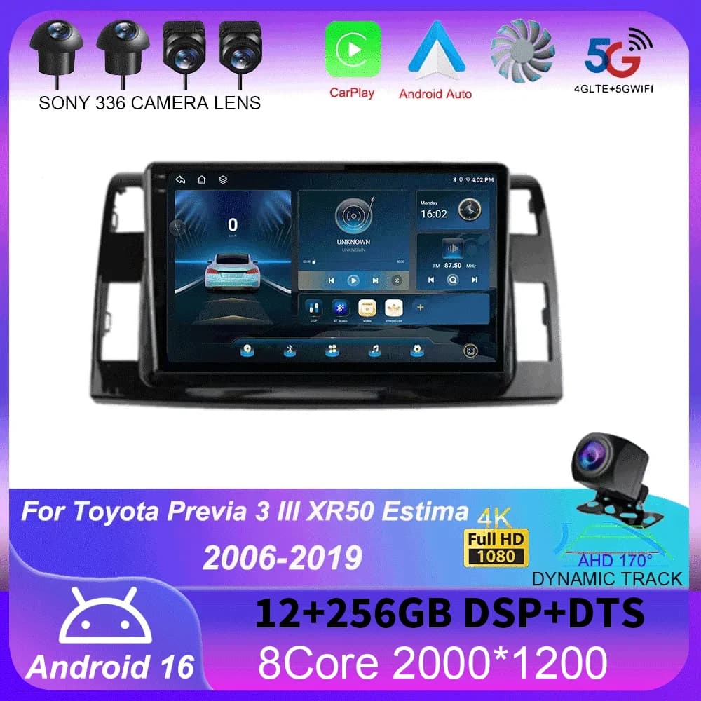 Autoradio Android 16 per Toyota Previa 3 III XR50 Estima 2006 - 2019, Schermo QLED Multimediale, Navigazione GPS, No 2 Din Player