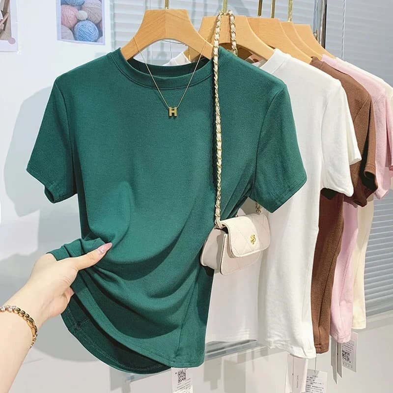 2026 delle nuove donne 100% cotone T-shirt che tocca il fondo di base Solid Lady manica corta Top Camicie T-shirt estiva