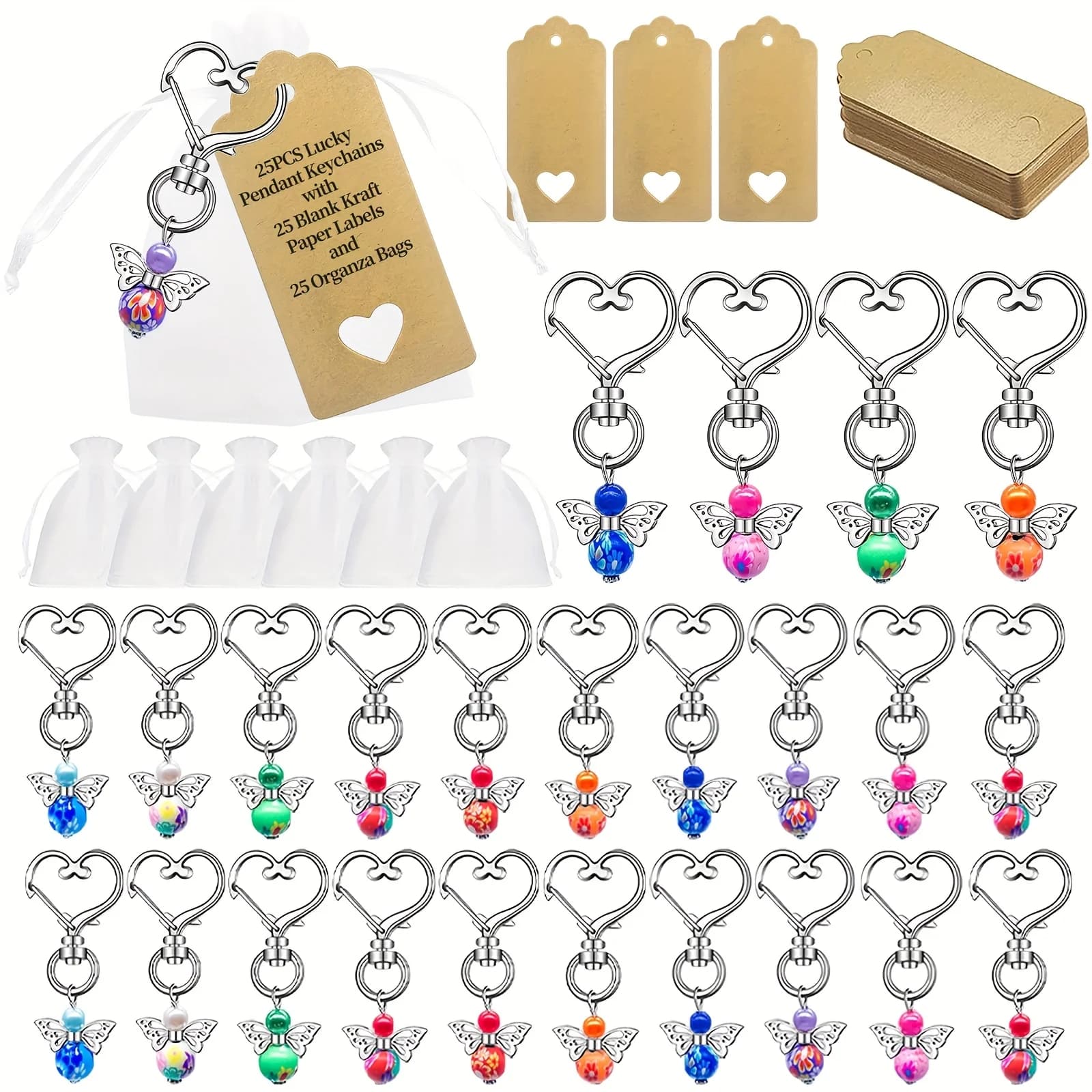 Set di 28 Portachiavi con Ciondolo Angelo Custode, con Sacchetti e Carte, Ciondoli a Cuore per Auto, Borse e Zaini, Regali per Compleanni e Matrimoni