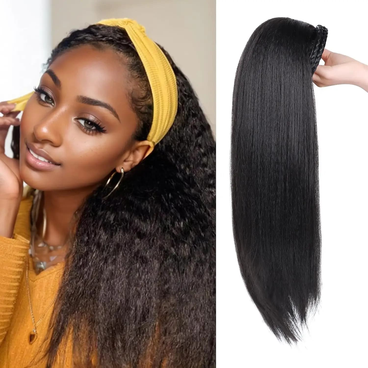 Yaki Straight Wig with Braided Hair Straight Wig Crespa for Black Women Synthetic Heat Resistant Wigs for Daily Use