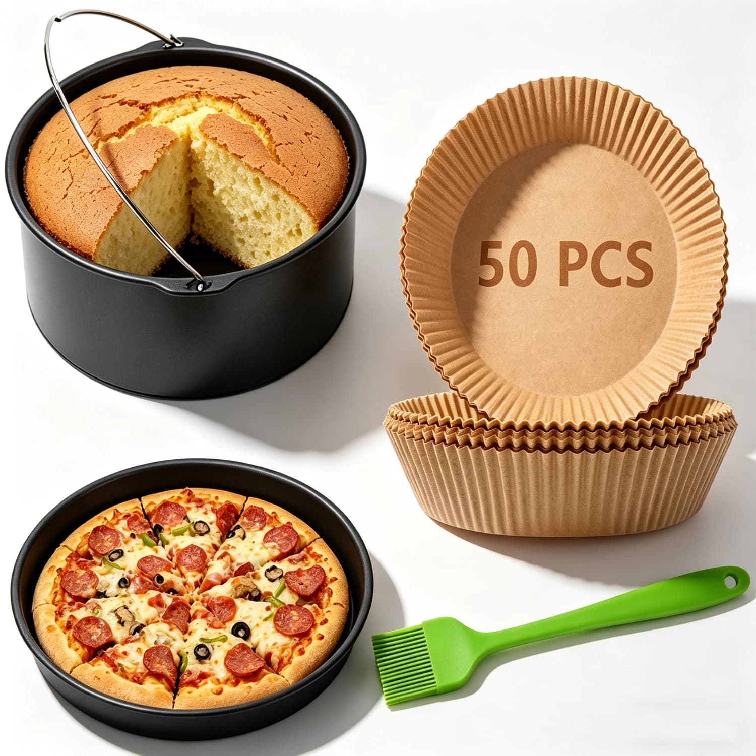 Set di Accessori per Friggitrice ad Aria da 7 Pollici, Include Stampo per Torte, Teglia per Pizza, 50 Fogli di Carta da Forno e Pennello in Silicone per Ninja Gowise Cosori