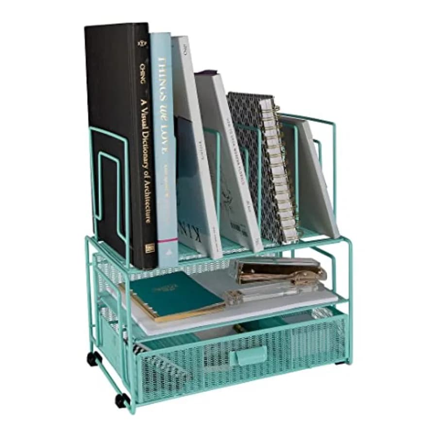Organizzatore da Scrivania con Scomparti e Cassetto in Rete Metallica per Forniture da Ufficio, Documenti, Dispositivi e Cartelle 9.3"D x 1