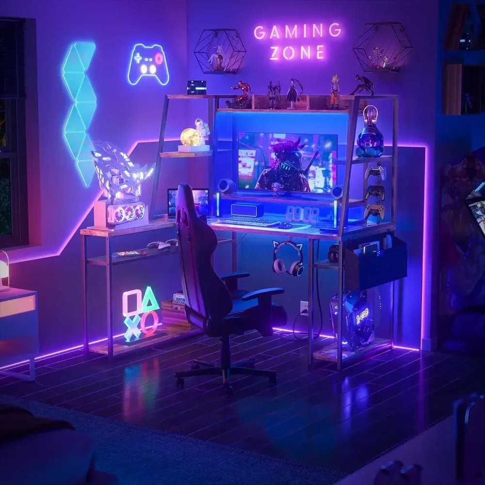 SAT L Desk for Gaming With Monitor Stand Office Desks 47'' Gaming Computer Desk With LED Lights & Power Strips Rustic Brown Mesa