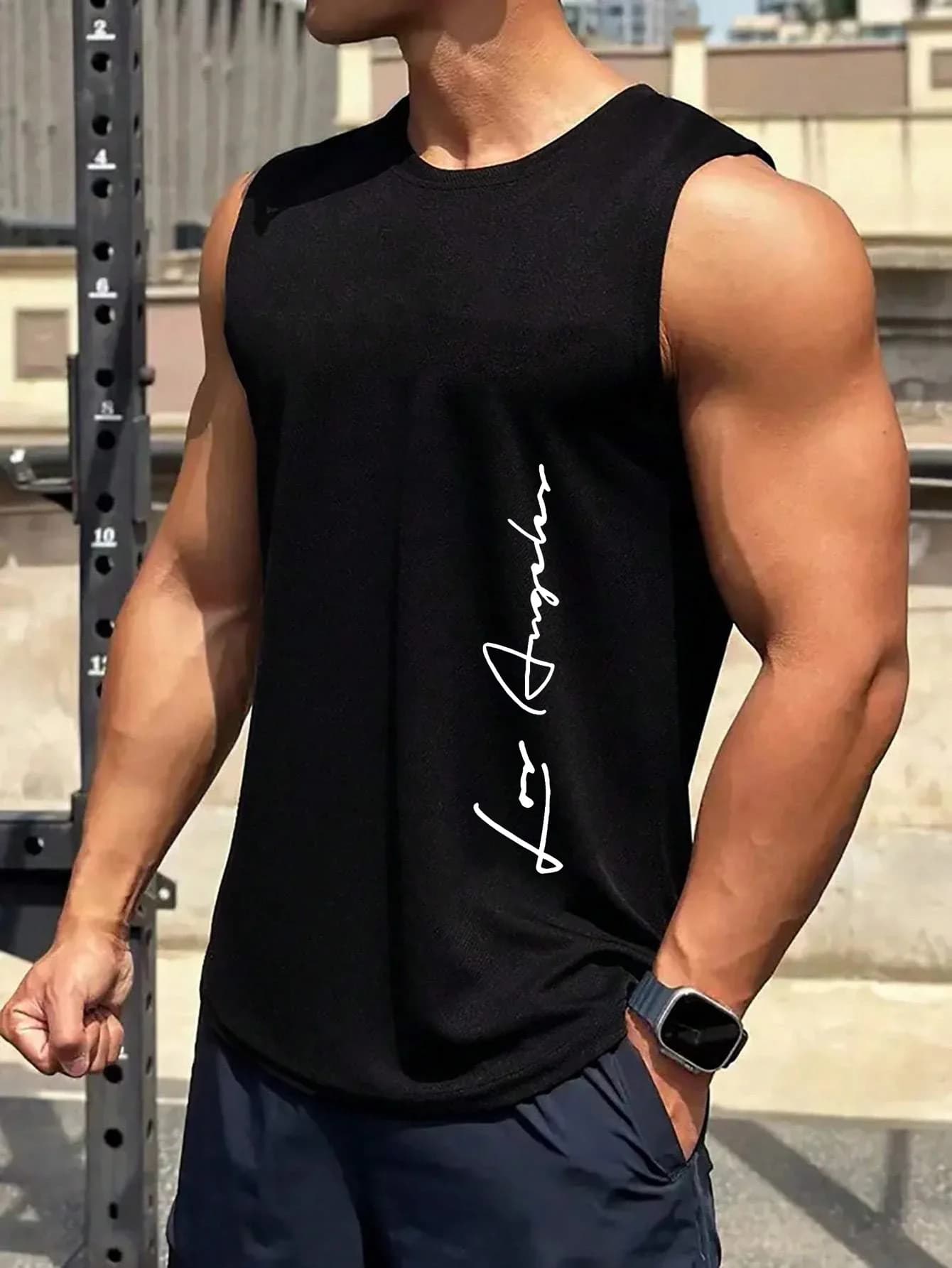 Canotta senza maniche da uomo, per il tempo libero, lo sport, il fitness, ampia, con stampa della scritta Los Angeles, comoda, traspirante, co