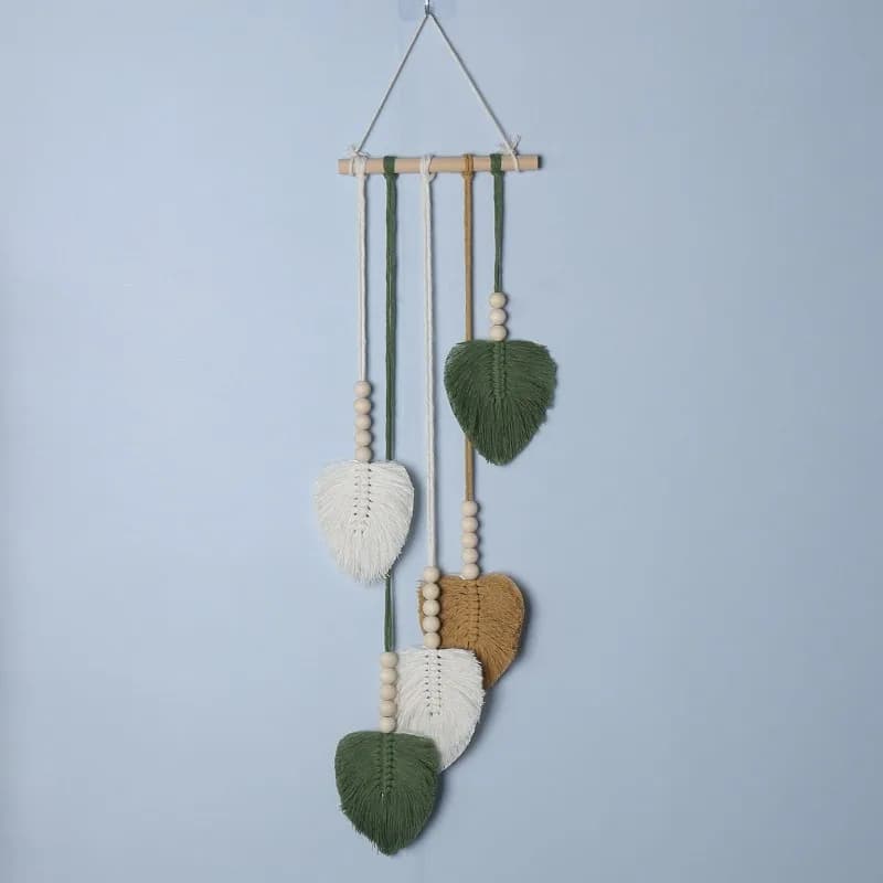 Macrame Leaf Wall Hanging Tapestry Art Scandinavian Leaf Hanging Ornament Boho Dreamcatcher Tassel Macrame Pendant Bedroom Decor