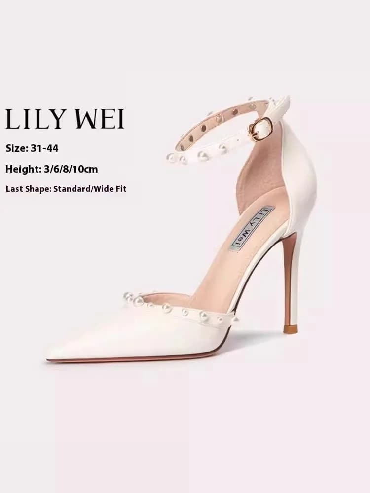 Low-heeled thin high-heeled sandals spring and summer new leather pearl rivet banquet large size small size widened women's shoe