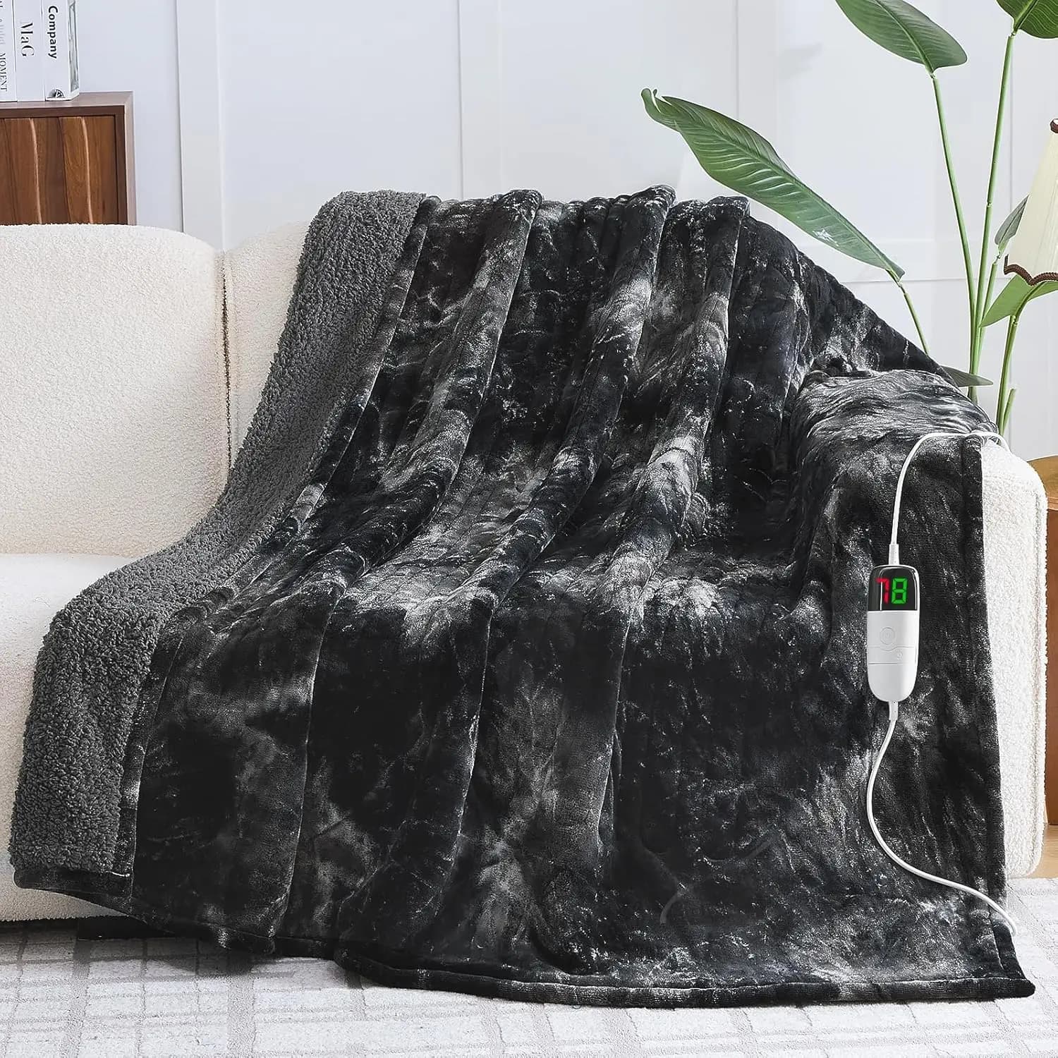 Coperta elettrica riscaldata in pelliccia sintetica, 10 livelli di calore e 5 impostazioni di timer, 50x60 pollici nera per divano letto