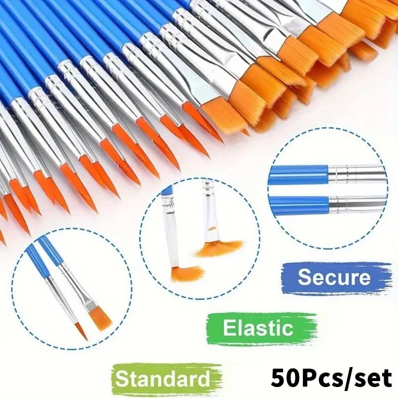 50Pcs Painting Brushes Set Art Round Flat Hair Nylon Hair Paint Brush For Oil Acrylic Watercolor Kids/Artists/Beginners/Student