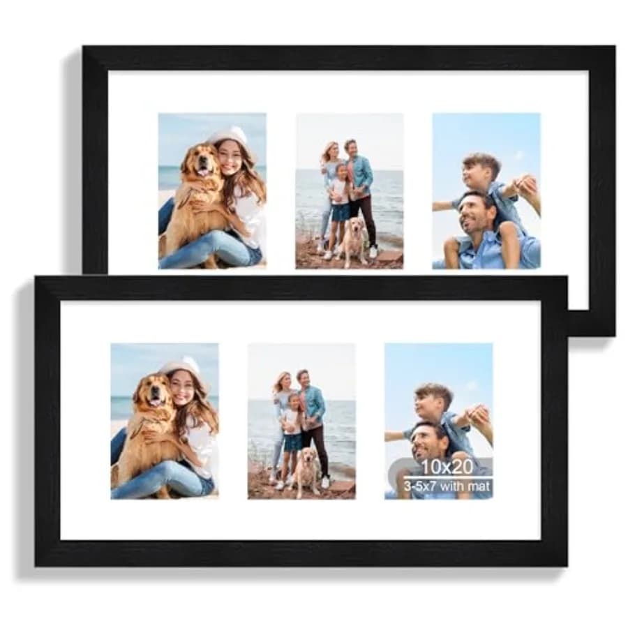 Set di 2 Cornici 10x20, Cornice in Legno con Vetro Vero per Collage, Espositore per Tre Foto 5x7 con Passepartout o 10x20 Senza