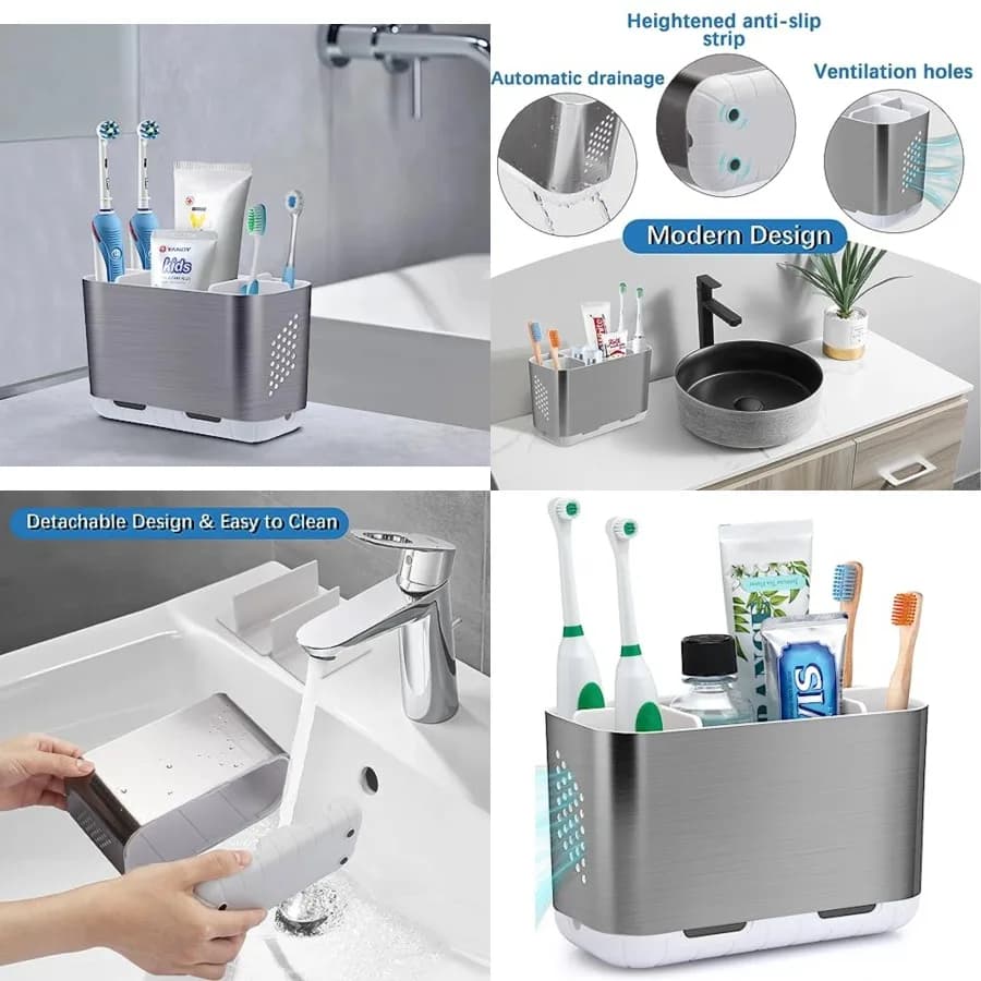 Portaspazzolini da Bagno per Organizzazione del Piano di Lavoro, Portaspazzolini Elettrici Grandi Staccabili Antiscivolo, Porta Spazzolini e Dentifricio in Nichel Spazzolato con Drenaggio per Famiglie e Bambini