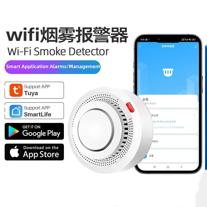 360 ° Rilevamento completo, rilevatore di fumo WiFi intelligente Tuya, monitoraggio remoto della sicurezza domestica, compatibile con Alexa e Google