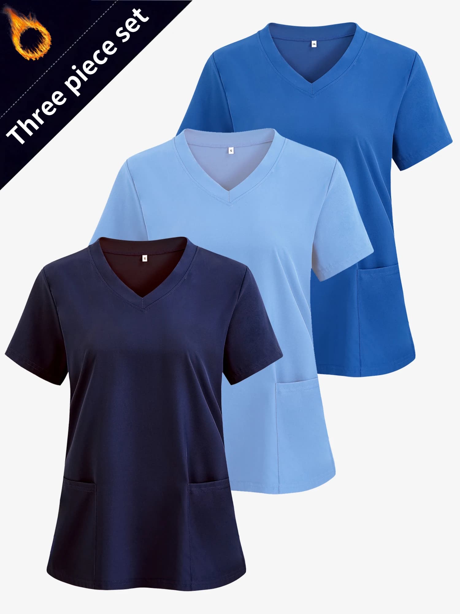 3 in pack Woven Working wear Women Uniform Long Shirts Pocket Front Tops Casual Short Sleeve V Neck Women's Clothing