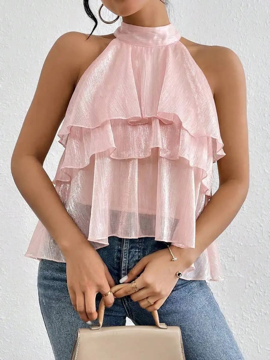 Camicetta in chiffon asimmetrica con volant, colore marrone scuro