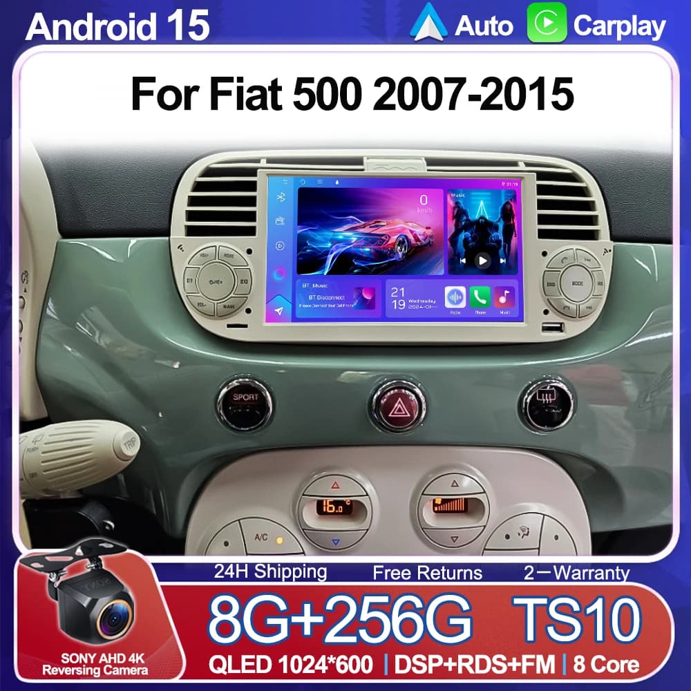 Android15 Car Multimedia Player For Fiat 500 2007-2015 GPS Navigation Auto Stereo Radio Carplay DSP Touch Screen FM Wifi 5G RDS