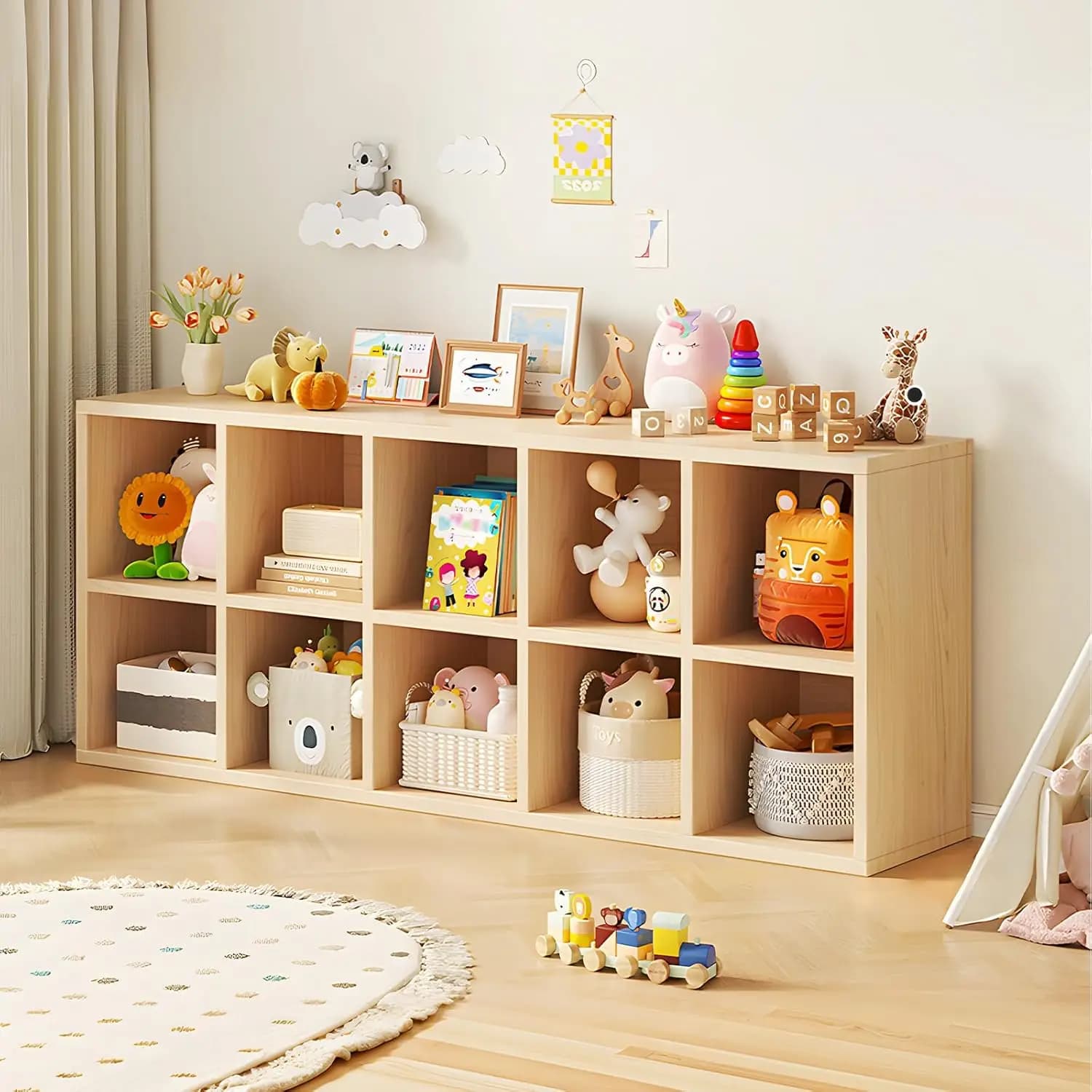 10 Cube Storage Organizer, Cubby Storage Organizer, Cube Shelf with Back Plate, Wooden Kids Bookcase for Toy, Solid, Customized