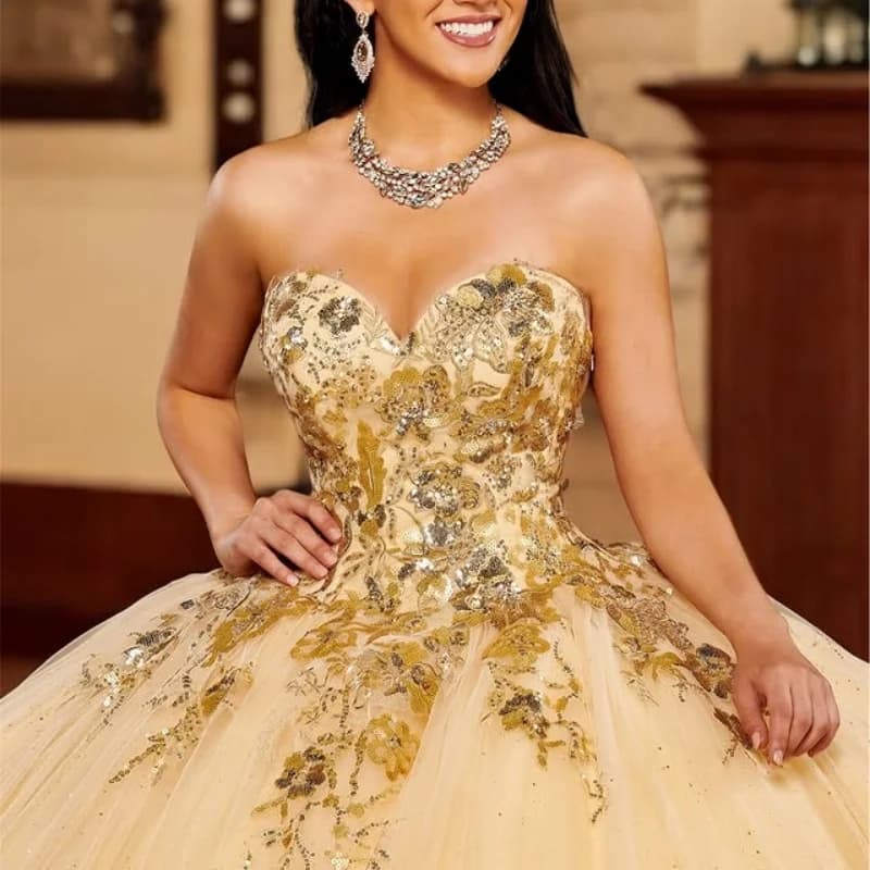 Personalizzato lucido champagne oro con spalle scoperte abito Quinceanera paillettes applique tull fiore 3D abiti da 15 Quinceanera