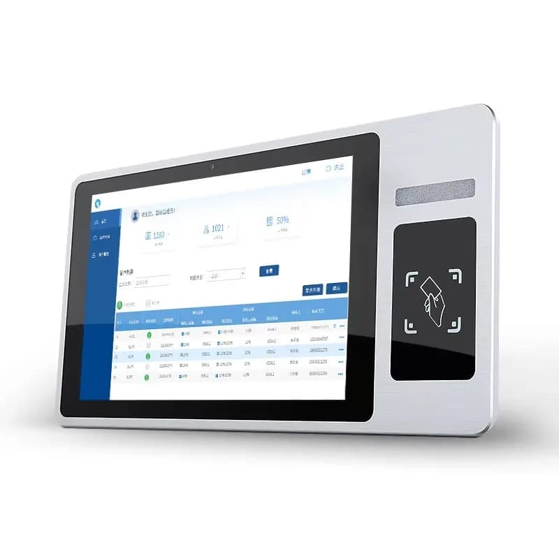 Tablet PC industriale da 10,1 pollici con workstation integrata, fotocamera ad alta definizione, lettore di schede NFC RFID e touchscreen capacitivo.