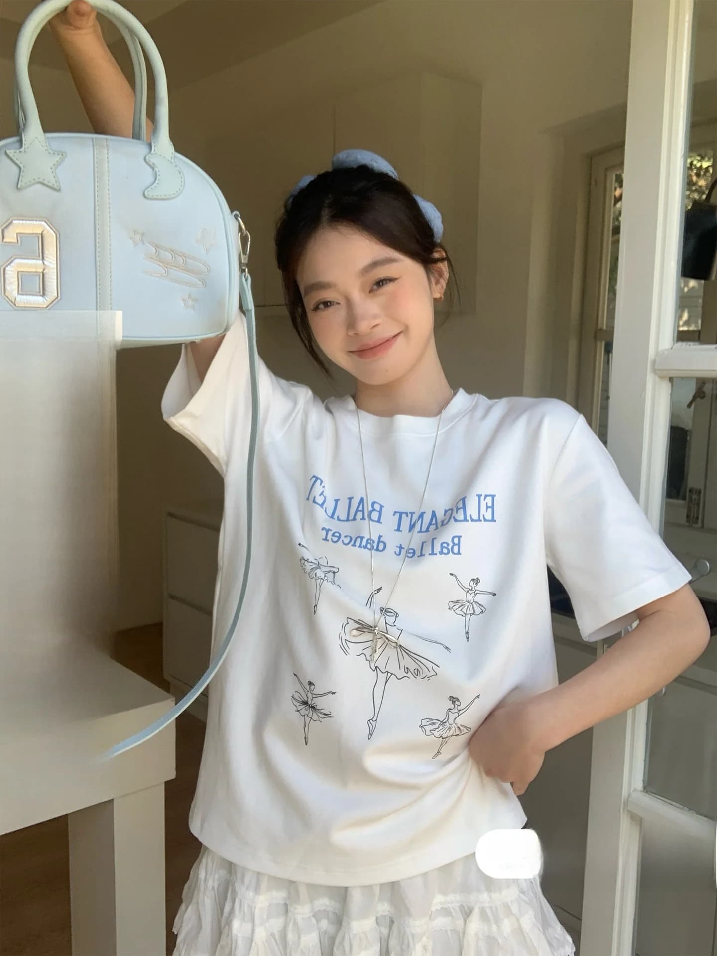 Loose Shoulder Women's T-shirt White Short Sleeve Letter Print Casual Summer Ballet Style Lazy Feeling Top by Song Zhengen