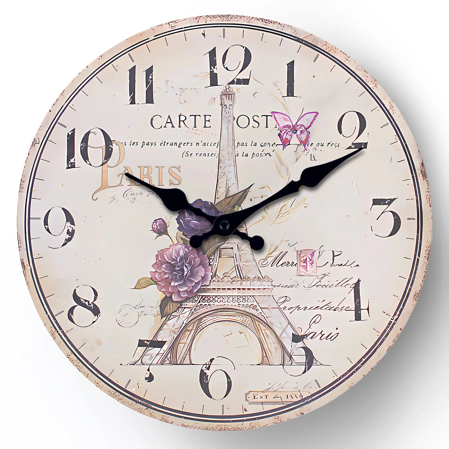 Wooden wall clock with pattern Paris Eiffel Tower Living Room Bedroom Kitchen Home Decoration Wall clock Silent quartz watch Party gift 10 inch 12 inch 14 inch 16 inch (without batteries)