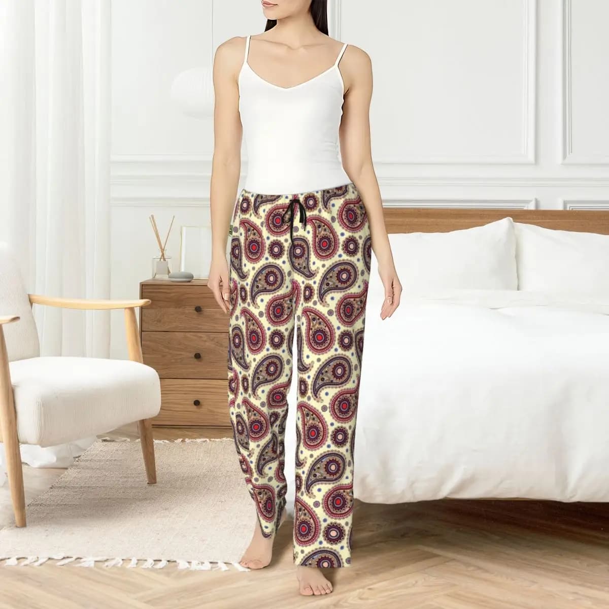 Custom Women's Paisley Pants Printed With Floral Pattern Nightwear for Sleeping with Pockets