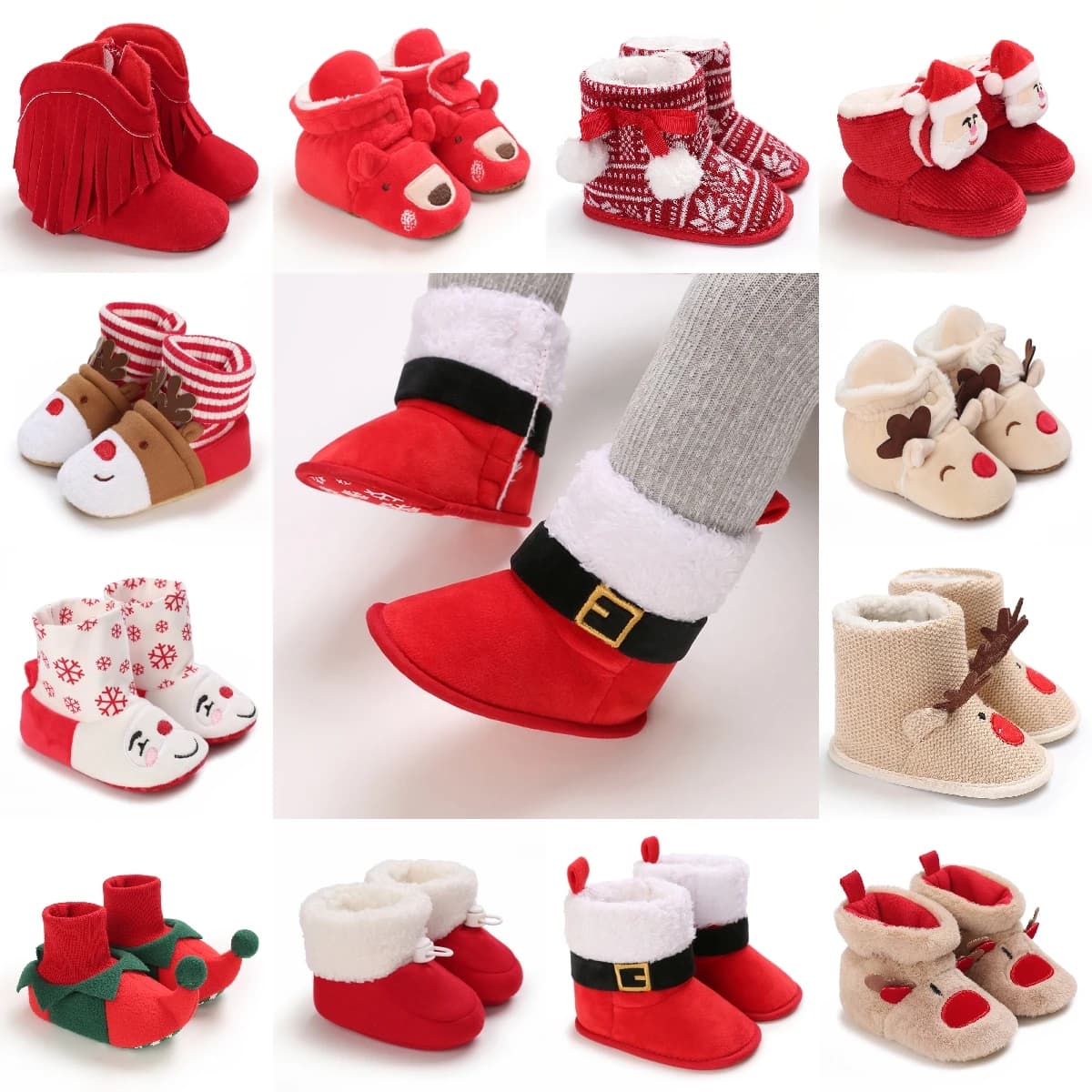 Natale Inverno 0-18M Stivali appena nati Calzini per i piedi di Babbo Natale Stivali natalizi per bambini Simpatico fiocco di neve Design di Babbo Natale Inverno caldo