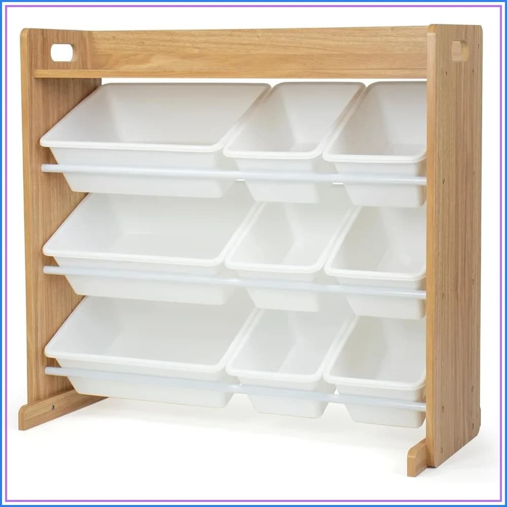 3-Tier Toy Storage Organizer with 9 Removable Bins, Space-Saving Kids Playroom Shelf, Natural Wood/White