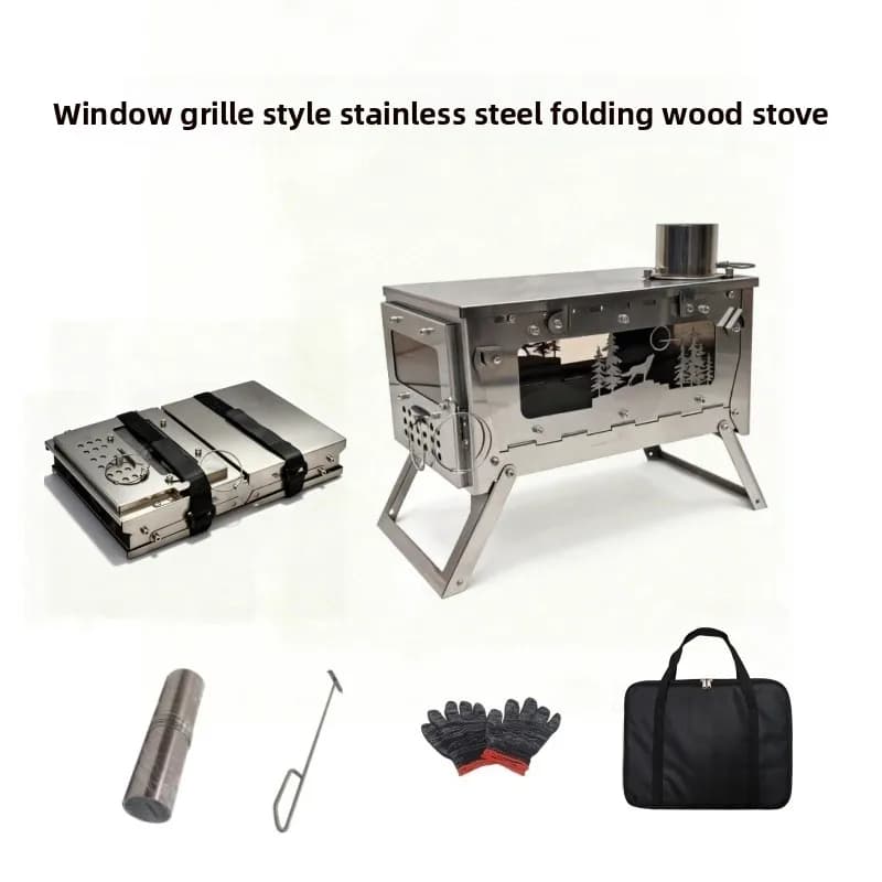Stainless Steel Foldable Portable Wood Stove BBQ Grill Outdoor Tent Camping Hiking Backpack Heating Wood Stove Fire Pit