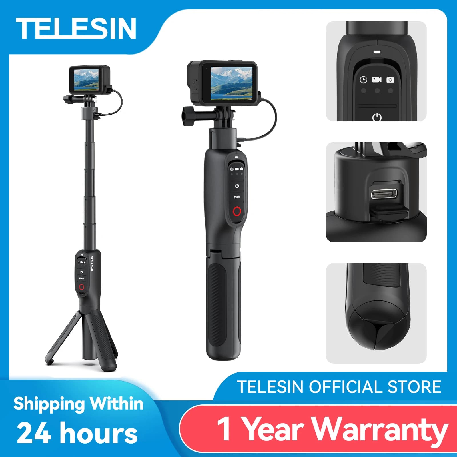 TELESIN 5000Mha Power Bank 360 ° Treppiede con telecomando per selfie stick con ricarica a rotazione per Gopro Hero 13 12 11 10 9 MAX