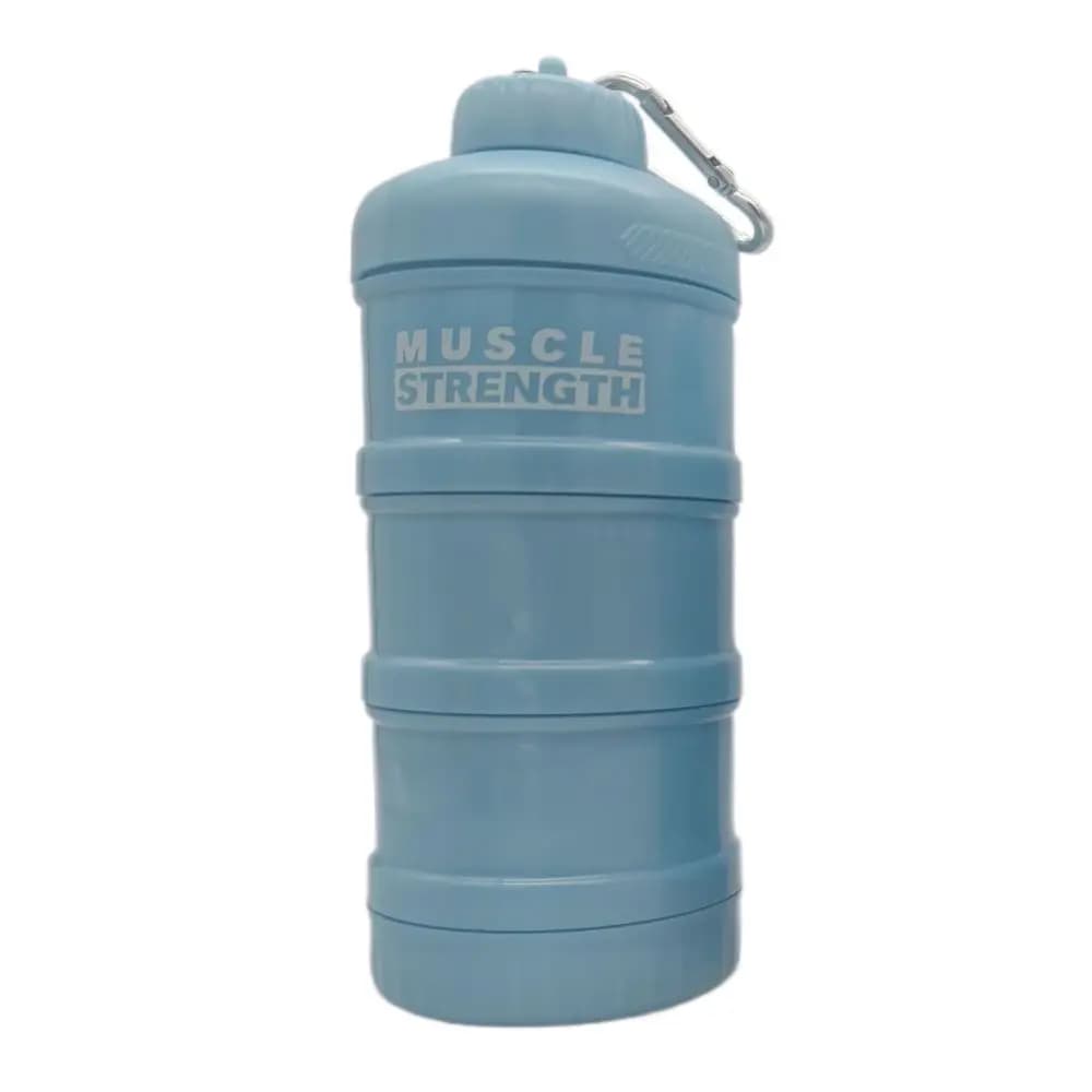 Portable 1/2/3 layer plastic powder protein box with mountaineering buckle, funnel for fitness supplement, durable bottle