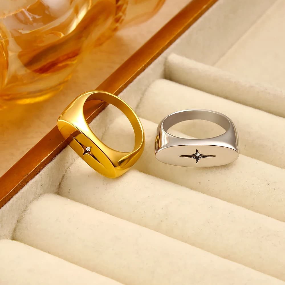 Fashion Star Signet Rings Gold Steel Color Stainless Steel Metal Rings Oval Shape Inlay Zircon Size 6/7/8 Rings For Unsex