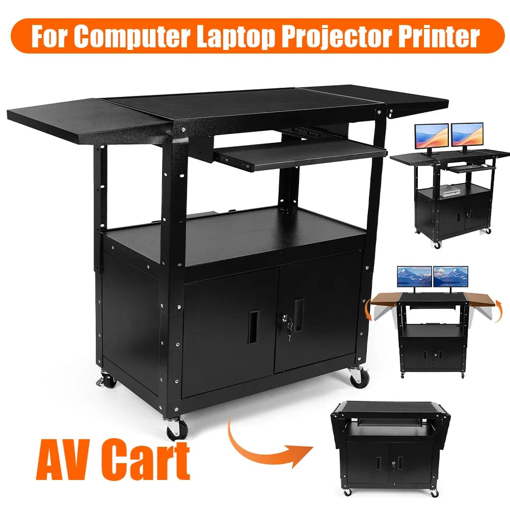 Carrello AV in acciaio Carrello multiuso regolabile in altezza con vassoio per tastiera estraibile e gestione dei cavi per stampante per proiettori portatili per computer