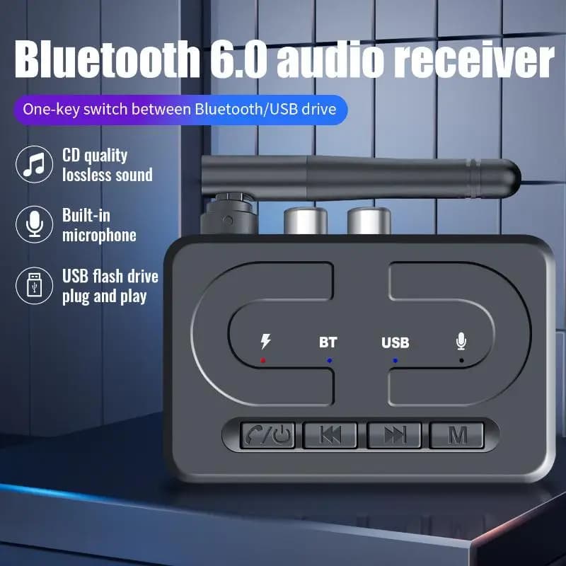 HIFI Stereo 3.5mm AUX Bluetooth 6.0 Audio Receiver with Microphone, Supports USB Drive Playback for Car Speakers