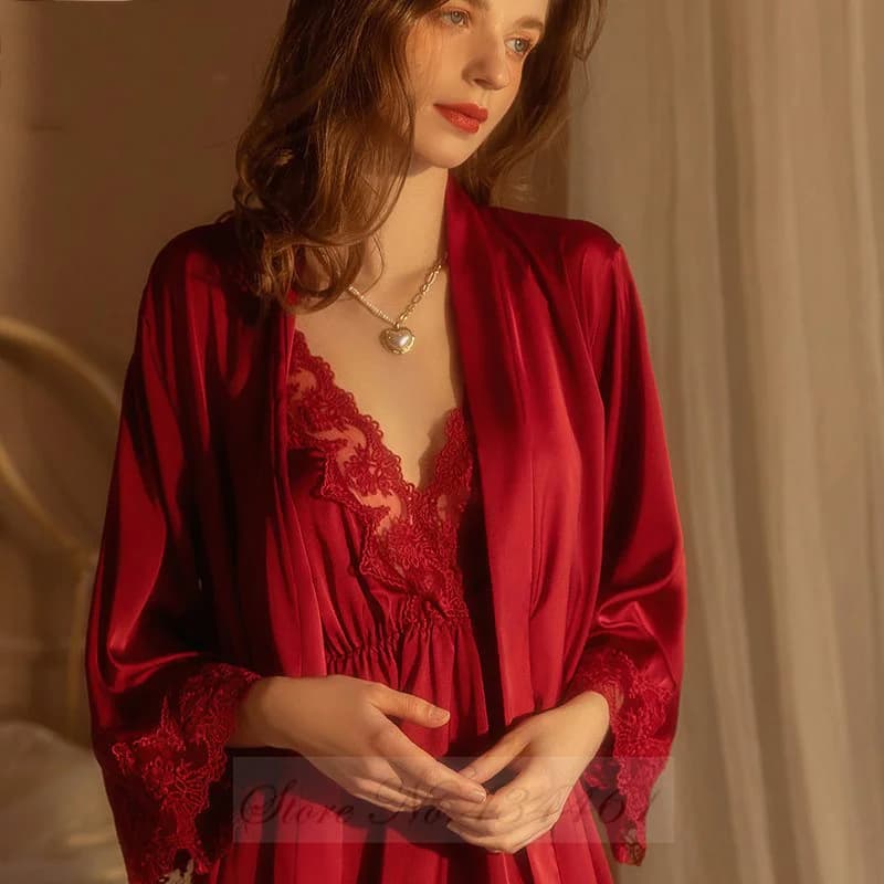 Borgogna 2 pezzi Robe Set camicia da notte Sexy Kimono in pizzo accappatoio camicia da notte indumenti da notte estate raso allentato Home Wear Loungewear