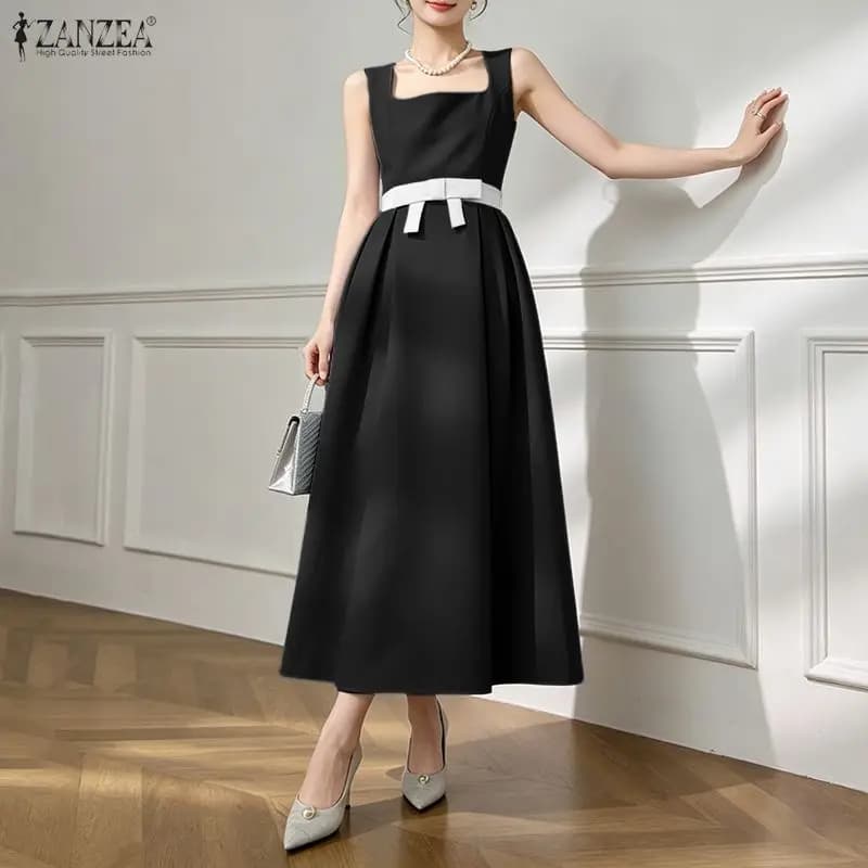 ZANZEA 2026 Abito da Festa Elegante da Donna, Vestito Estivo Senza Maniche con Scollo Quadrato, Abito Midi da Ufficio con Fiocchi a Linea A