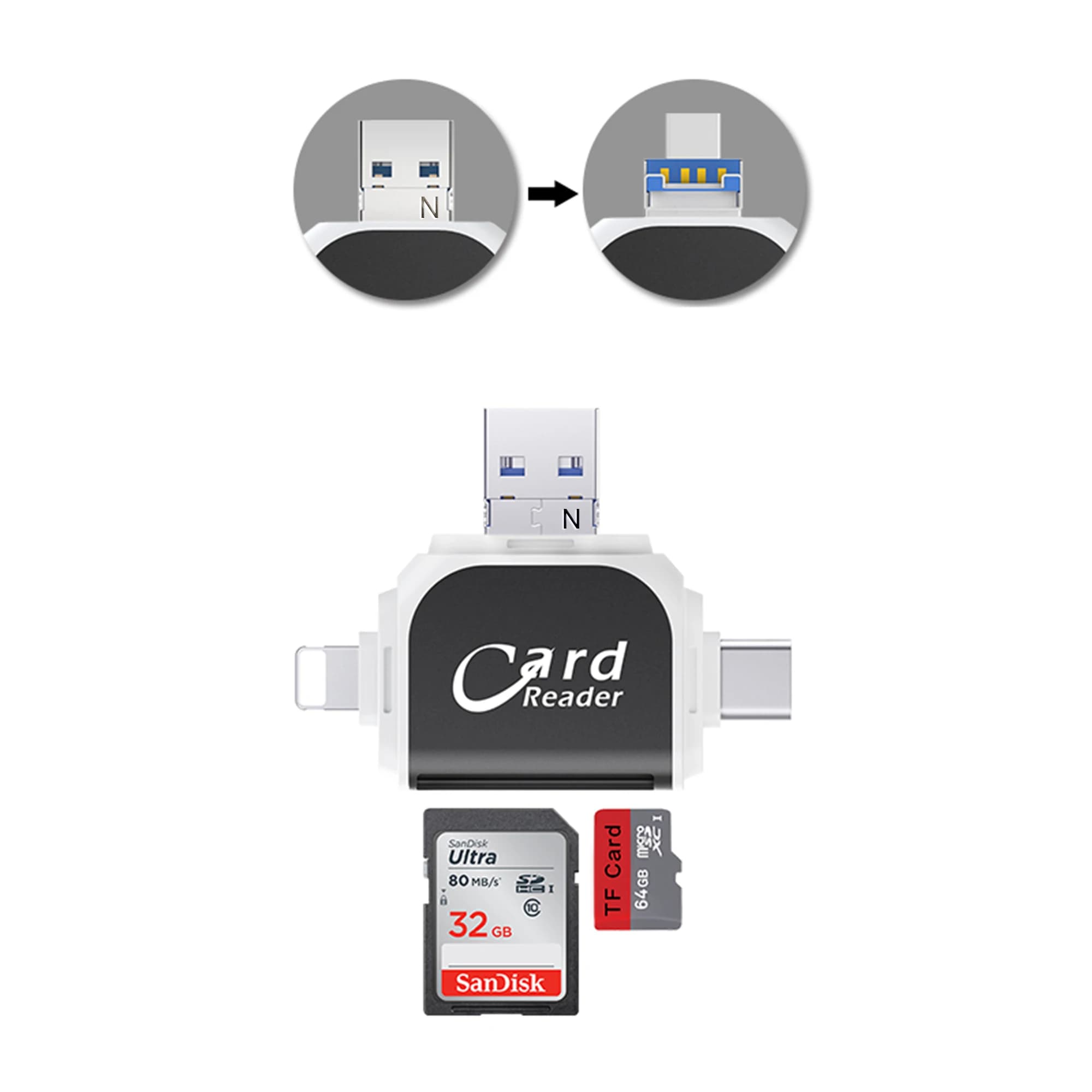 Lettore di schede SD/TF, supporta interfacce USB/Micro/Illuminazione/TIPE, supporta IOS/Android/HarmonyOS/Windows