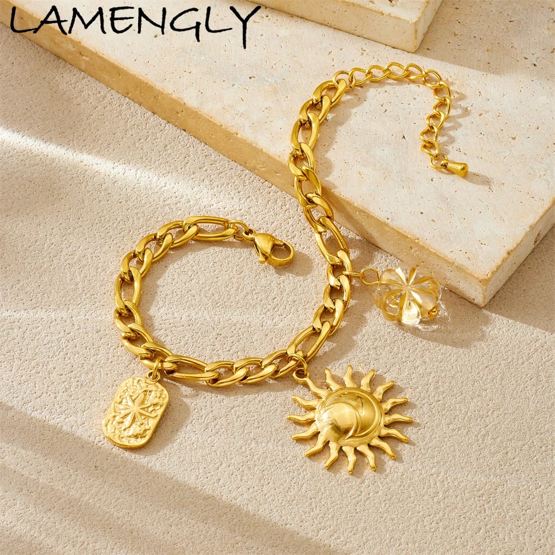 LAMENGLY Acciaio inossidabile 316L squisita luna sole splicing fiore stella braccialetto di fascino donne gioielli impermeabili placcati oro 18k