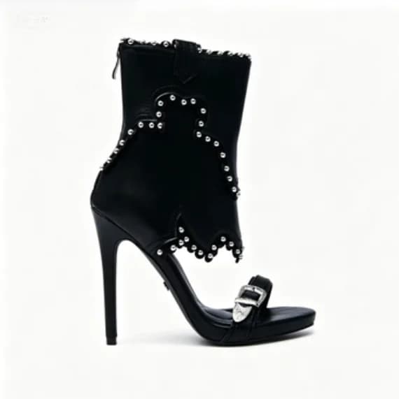Sandali da donna neri con borchie stile western, a punta aperta, con cinturino e tacco a spillo, calzature audaci ed eleganti per feste