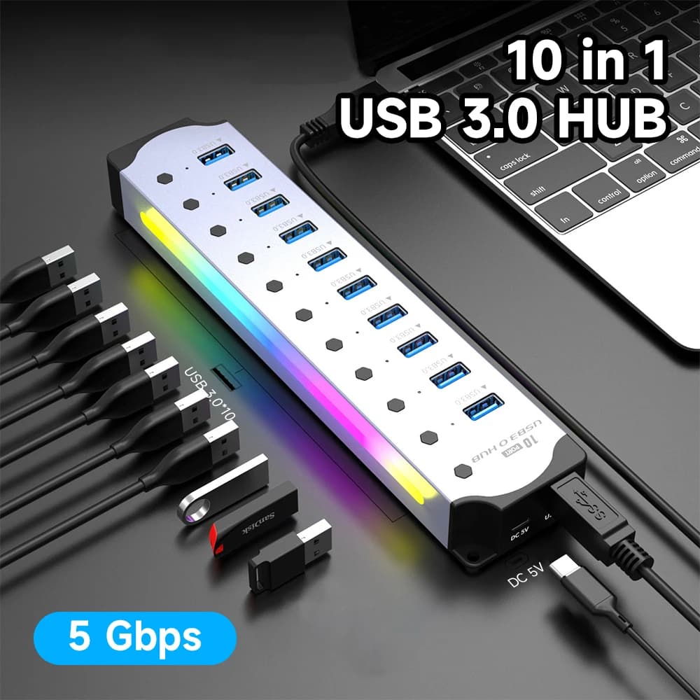 HUB USB 10 in 1 alimentato interfaccia USB 3.0 interruttore individuale RGB E-Marker dissipazione del calore Design adattatore di alimentazione DC 5V