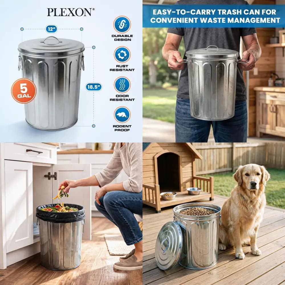 Cestino per rifiuti in metallo zincato da 5 galloni per esterni con coperchio, ideale per cenere, legna da ardere, cibo per animali domestici, contenitore per semi di uccelli (confezione da 3)
