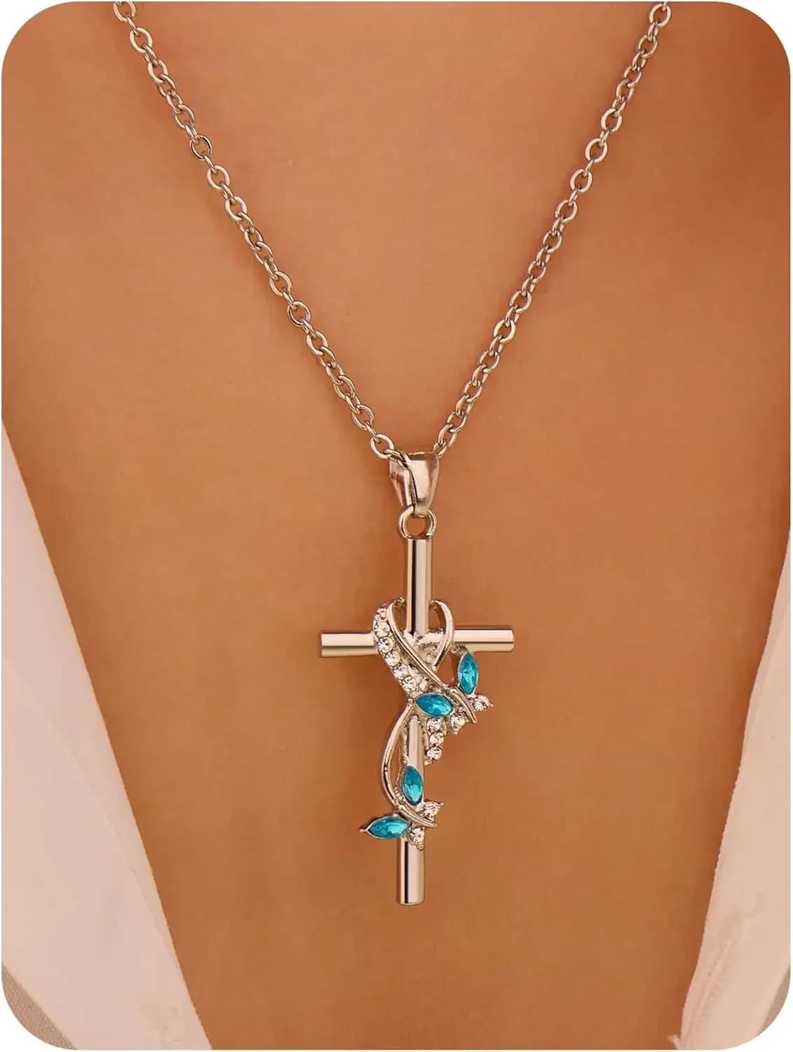 1 collana con ciondolo a forma di croce in argento, decorata con affascinanti gemme blu, per le donne, regalo per la festa della mamma