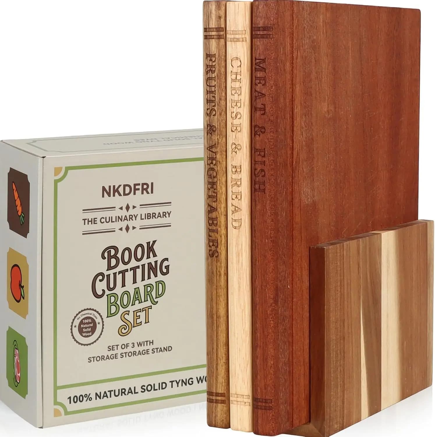 Wooden Cutting Board Set with Stand, Book-Shaped Kitchen Boards for Knife-Friendly Prep, Unique Gift for Book Lovers & Home Cooks