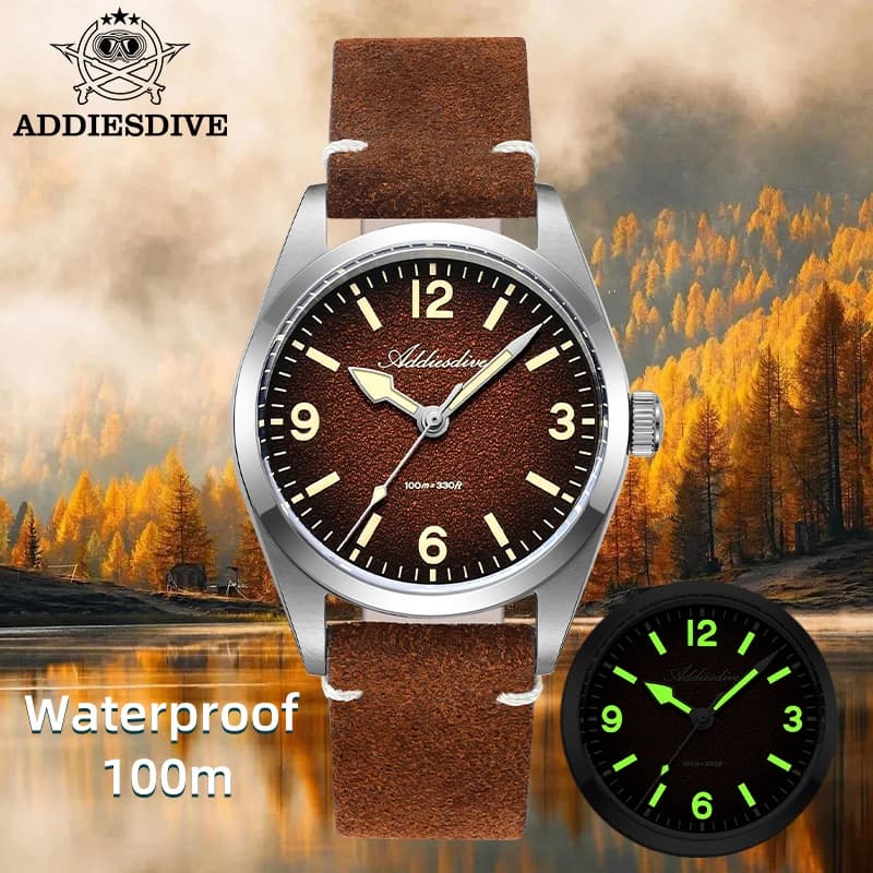 ADDIESDIVE Orologio al quarzo di lusso da uomo 36mm con cristallo di zaffiro 100M impermeabile per immersioni C3 luminoso nuovo orologio da polso con cinturino in pelle AD2544