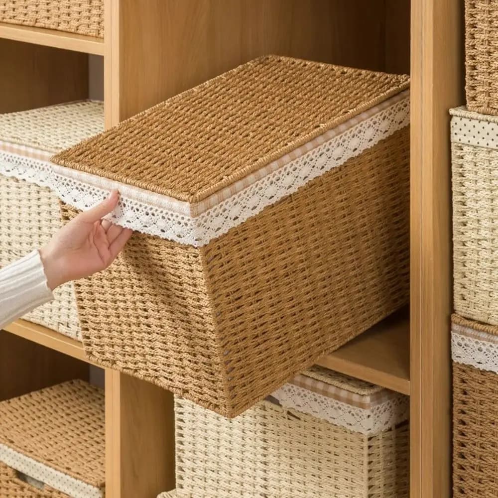 imitate rattan weave Foldable Storage Bin Large Capacity Multifunction Laundry Storage Basket with Handle Plaid lining