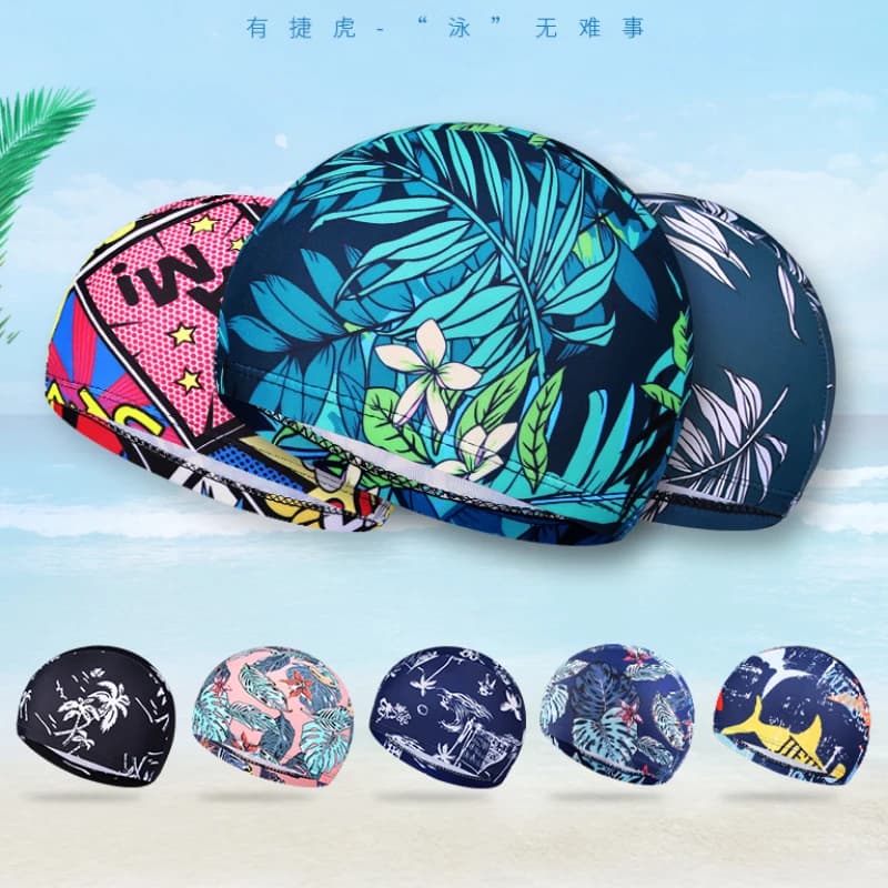 Printed swim cap with fashion figure, mesh fabric, breathable, man, woman, quick drying, bath hat, beach pool accessories
