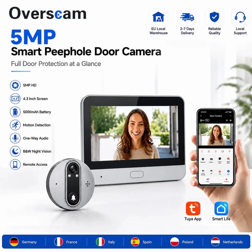 4.3 Inch 5MP Tuya Peephole Camera Door Viewer 5000mAh Battery PIR Detection Remote Access Electronic Monitor Security Camera