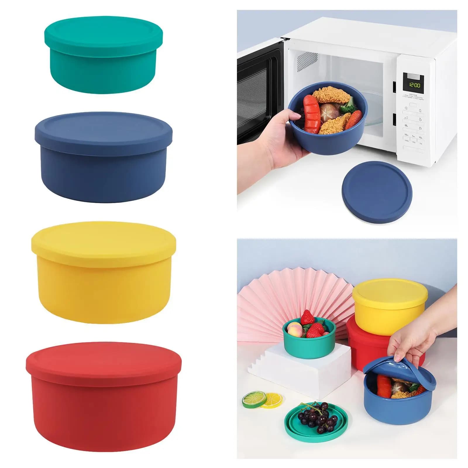 Scatole per il pranzo rotonde semplici impilabili compatte in silicone per studenti in campeggio per bambini