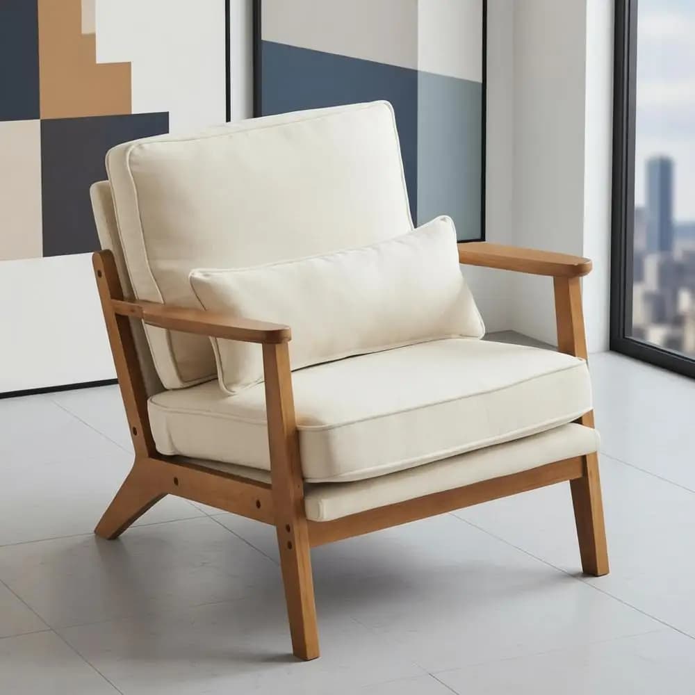 Sedia d'accento imbottita in lino Mid-Century con braccioli larghi, cuscino di supporto lombare e struttura in legno massello per spazi abitativi, Be